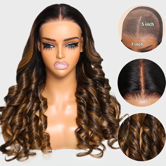 KLAIYI Bye Bye Knots Glueless Wig Ombre Brown Body Wave Pre Cut 7x5 Lace Front Wigs Human Hair Pre Plucked Pre Bleached Pre Everything Wear and Go Wig 12A Highlight Balayage 30S Ready To Go 26Inch