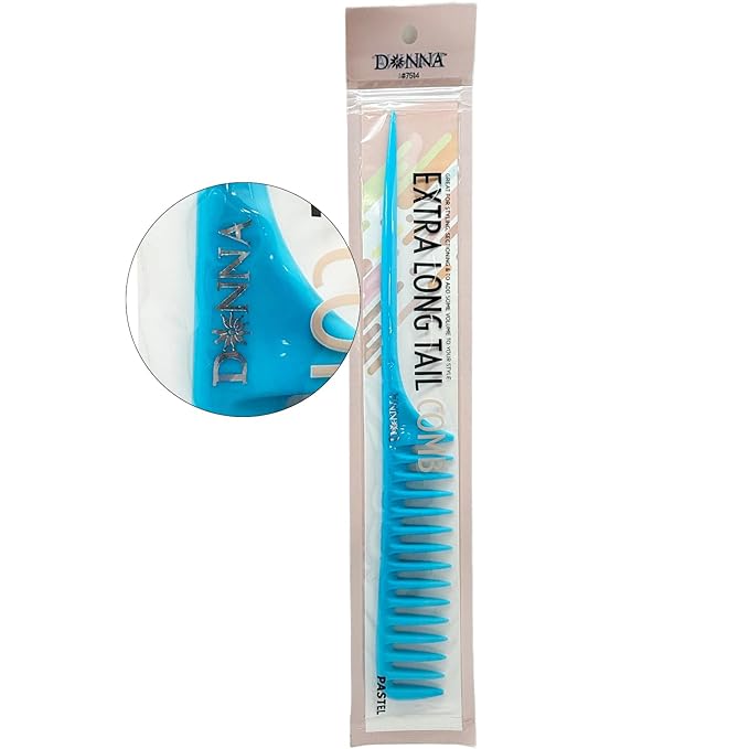 DONNA Extra Long Tail Comb – Wide Tooth Styling Comb with Long Handle for Parting, Sectioning & Braiding – Anti-Static Pastel Hair Comb for Natural & Curly Hair (BLUE)