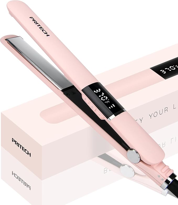 PRITECH Flat Iron Hair Straightener, Titanium Flat Iron with Adjustable Temp(290°F-450°F), 1 inch Plate for All Hairstyles Anti-Frizz Dual Voltage Straightening and Curler 2 in 1 (Pink)