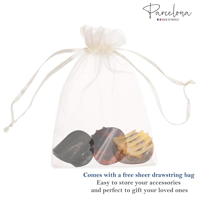 Parcelona French Onde Tortoise Shell Black and Savana Small 2” Celluloid Set of 3 Round Side Slide In Secure Grip Hair Claw for Women and Girls