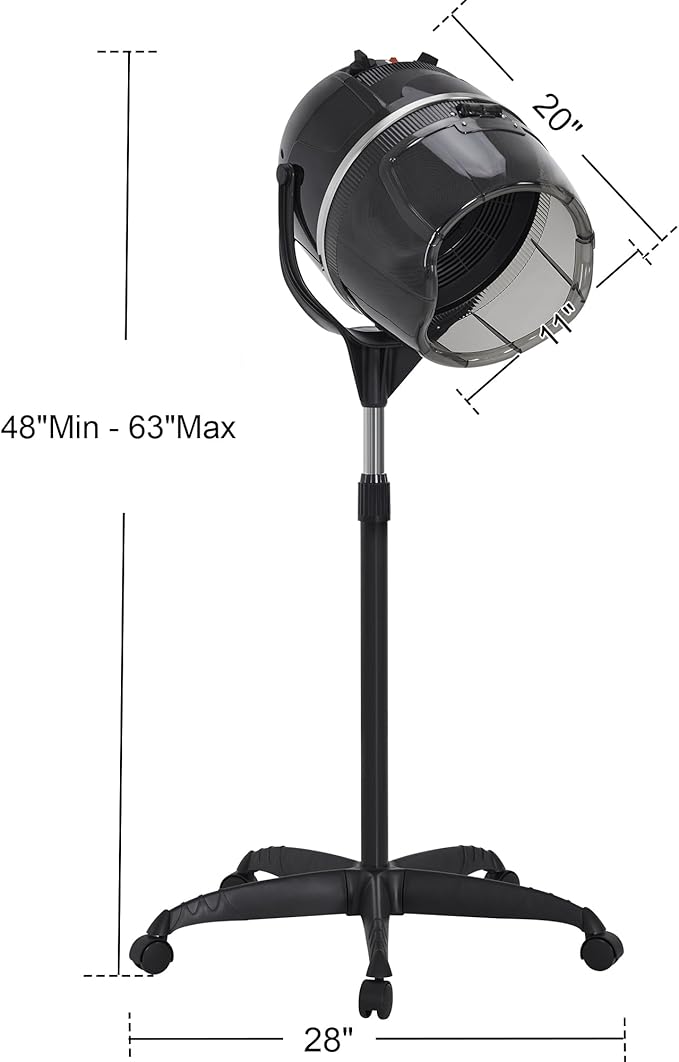 BarberPub 1300W Hooded Hair Bonnet Dryer with Stand, Height Adjustable Floor Standing Rolling Base, Beauty Salon Equipment with 360° Rotation VHD08 (Black)