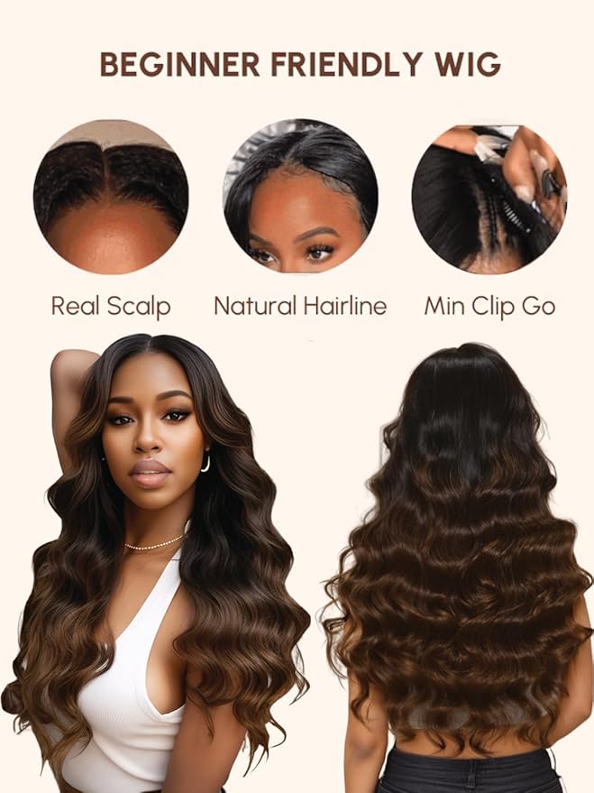 YIROO V Part Human Hair Wig - Ombre Chestnut Brown Yaki Straight Glueless No Leave Out - Upgrade U Part for Women - V Shape Clip in Half No Glue No Sew in Beginner 24 Inch