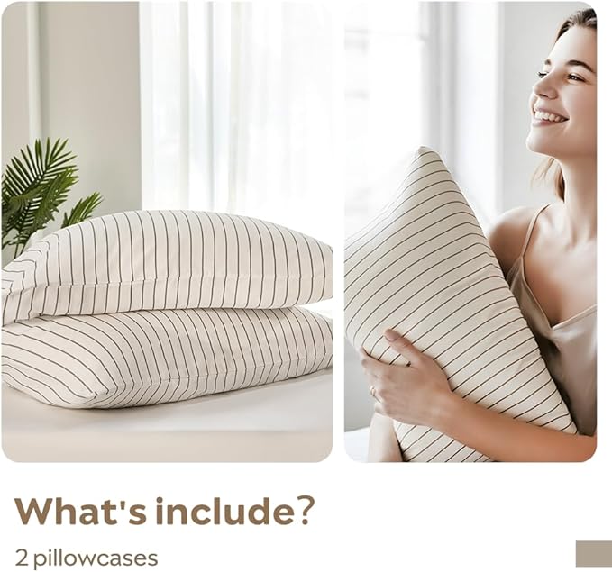 JELLYMONI 100% Natural Cotton Striped Standard Pillowcases Set, 2 Pack White with Thin Gray Vertical Stripes Pattern Printed Pillow Covers with Envelope Closure (Pillows are not Included)