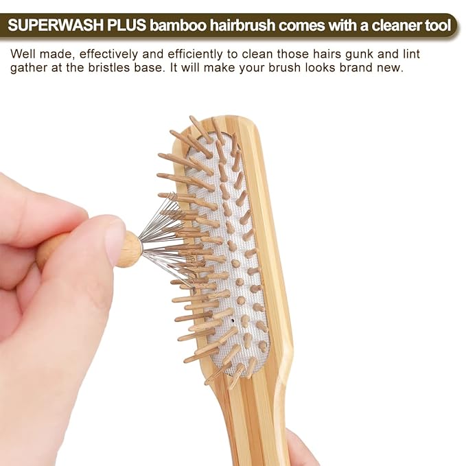 Bamboo Wood Hair Brush with Cleaning Rake for Women Men and Kids, Natural Bamboo Bristles Small Paddle Flat Hairbrush Fit All Types Hair