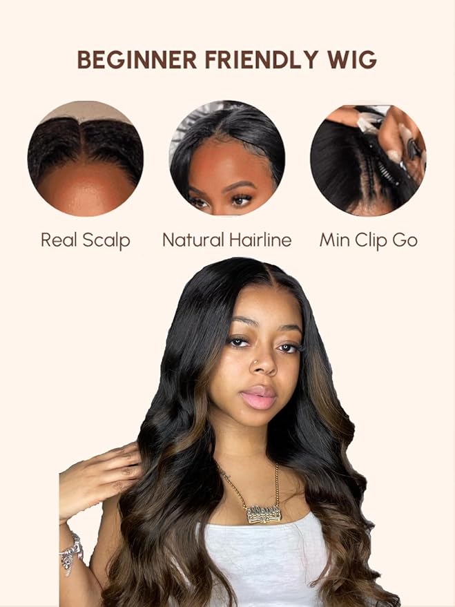 YIROO V Part Wig Human Hair Highlight Chestnut Brown Ombre Body Wave Human Hair Wig No Leave Out 12A Glueless Upgrade U Part Wigs Clip in Half Wig No Glue No Sew Beginner Friendly 150% Density 18inch