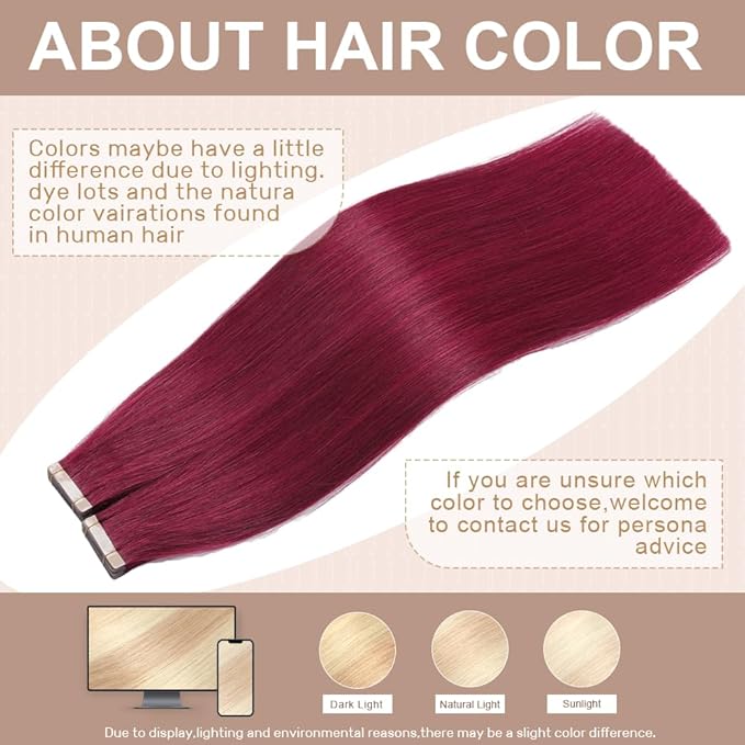 Tape in Hair Extensions Human Hair 99J Red Wine Burgundy 22 Inch 20Pcs Tape Ins for Women Straight Invisible Seamless Remy
