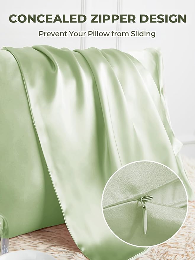Mulberry Silk Pillowcase for Hair and Skin, SGMSILK 22 Momme Natural Silk Pillow Cases with Zipper, 6A Soft and Smooth Single Sided Pure Silk Pillow Cover (Matcha, Queen 20"x30")