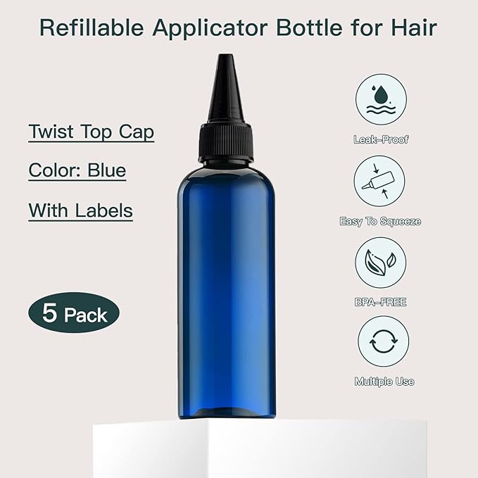 Tekson Hair Color Applicator Bottles, 5 Pack Refillable Squeeze Bottle, Empty Plastic Twist Top Cap Bottles (3.4 OZ, Blue)
