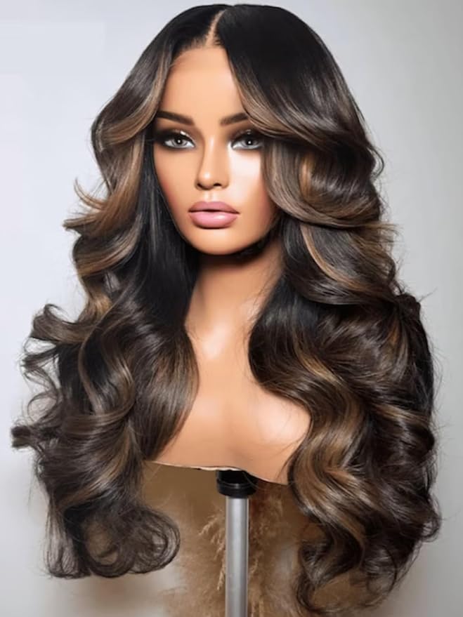 KLAIYI 13x4 Pre Everything Lace Front Chocolate Brown With Highlights Loose Body Wave Wig Human Hair Pre Cut Lace Pre Bleached Bye Bye Knots Pre Plucked Ombre Glueless Wear Go Wig Ready to Wear 18Inch