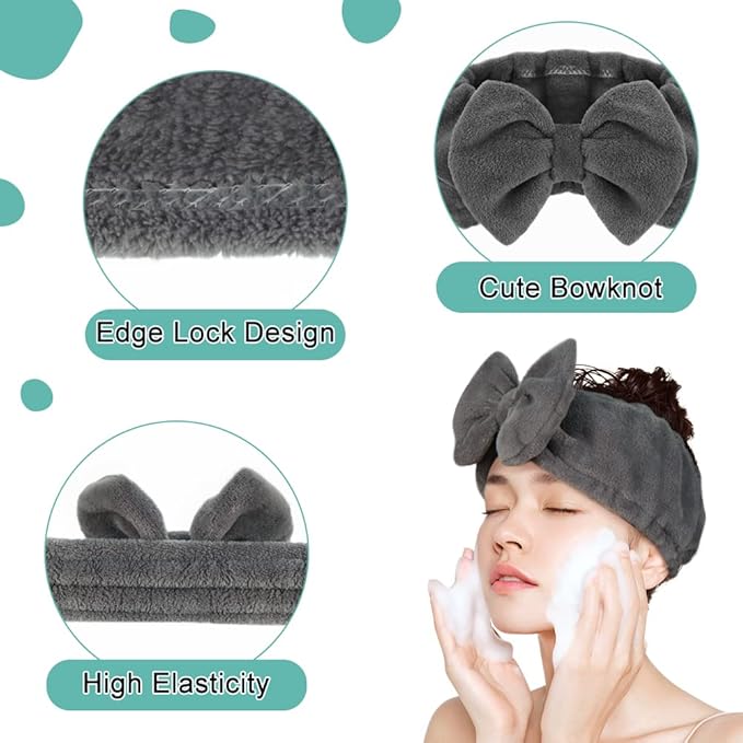 Shintop Makeup Headband Soft Carol Fleece Spa Headband with Cute Bow Elastic Headwear for Washing Face Skincare Facial Mask Showers（Grey）