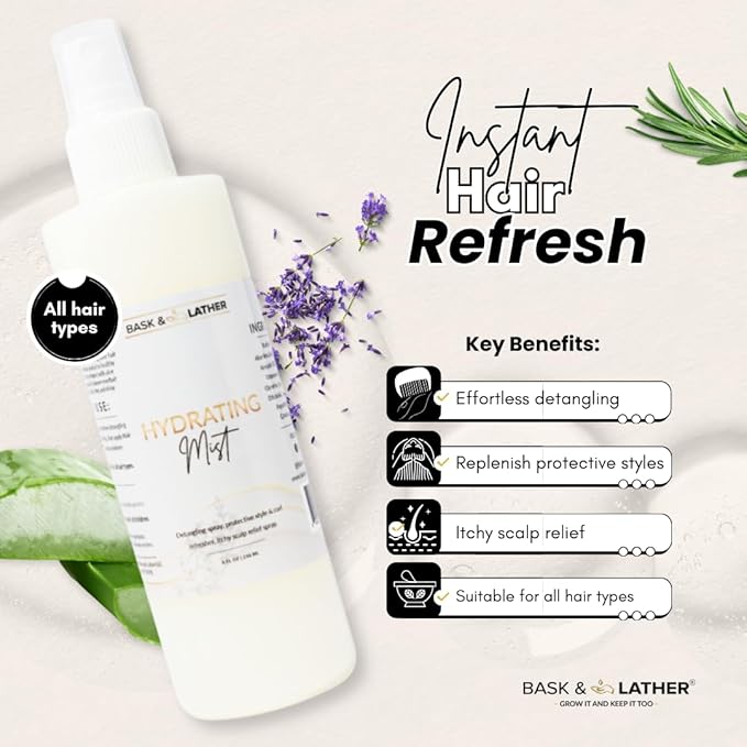 BASK & LATHER Hydrating Hair Mist (8 oz) & Elixir Oil (4 oz) Bundle — Leave-In Conditioner + Jamaican Black Castor Oil for Growth, Moisture, Detangling, Scalp Relief & Strength