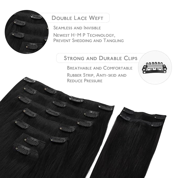 WENNALIFE Clip in Hair Extensions, 150g 24 Inch 9pcs Jet Black Remy Hair Thicker Double Weft Extensiones De Cabello Humano Con Clip Ins Straight Full Volume