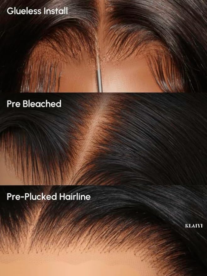 KLAIYI Fluffy Body Wave Curtain Bang Wig Bye Bye Knots Glueless Pre Cut 7x5 Lace Front Wigs Human Hair Loose Wave Pre Bleached Pre Plucked Pre Everything 3S Easy to Wear and Go Wig 180% Density 22Inch
