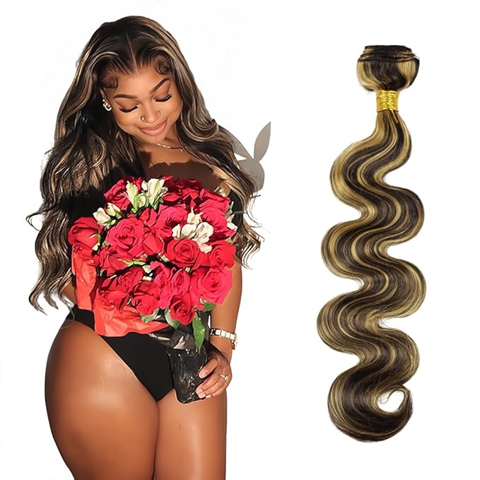 Highlight Bundles Human Hair Blonde Body Wave Bundles 28 Inch Niegmeag Brazilian Virgin Soft and Silky Remy Hair Extensions 2 Tone Black and Honey Blonde Bundle