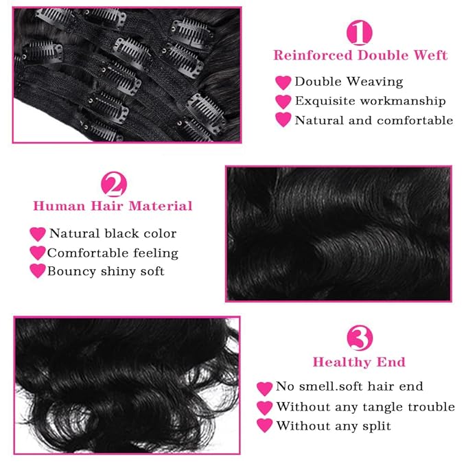 Body Wave Brazilian Clip in Hair Extensions Human Hair 8Pcs Remy Hair Extensions Clip ins for Black Women with 18Clips 120g (16inch, Natural Black)