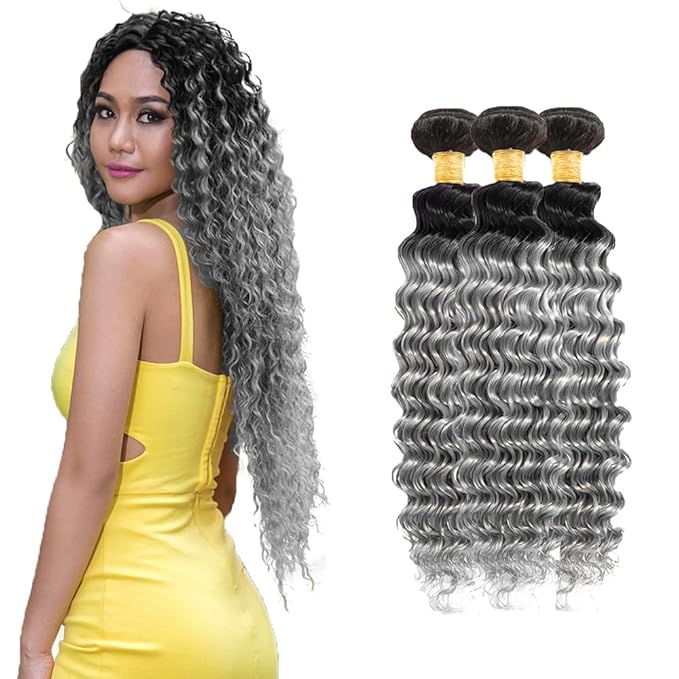 30 32 34 Inch Ombre Bundles Human Hair Grey Deep Wave Bundle Brazilian Virgin Remy Hair Extensions Double Weft 2 Tone Black and Silver Deep Wave Bundle Hair Weave 300g