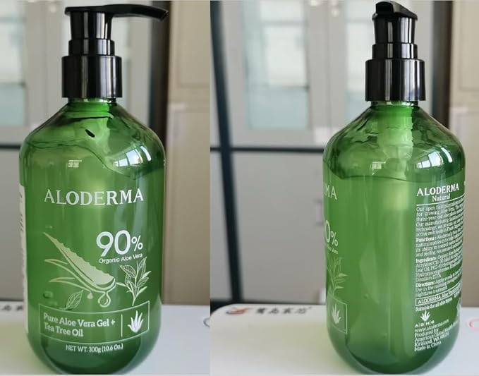Aloderma Aloe Vera Gel + Tea Tree Oil, Made with Refreshing Organic Aloe for After Sun Skin Care, Multipurpose Use for Hair and Scalp, and Face or as a Shaving Gel or Aftershave - 10.6Oz x 3btls