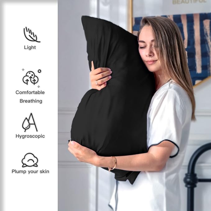 Mulberry Silk Pillowcase for Hair and Skin Pillow Case with Hidden Zipper Soft Breathable Smooth Cooling Silk Pillow Covers for Sleeping (Black, King（20"X 36"）)