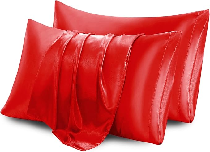 Aormenzy Satin Pillow Cases for Women Queen Size Set of 2, Red Satin Pillowcase for Hair with Envelope Closure Silky Pillow Covers Wrinkle, Fade Resistant (20x30 Inches)