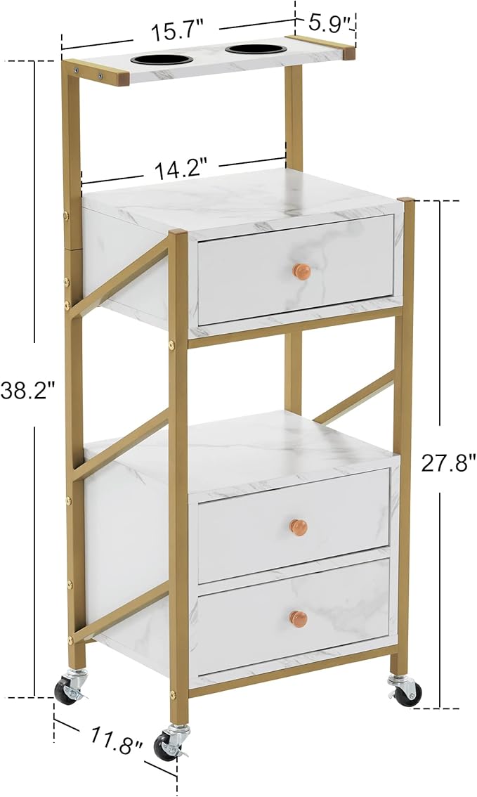 BarberPub Salon Trolley Cart with Wheels Rolling Cart Barber Station with Drawers Marbled Board for Beauty Salon Makeup Storage with 2 Hair Dryer Holders 2042 (White)