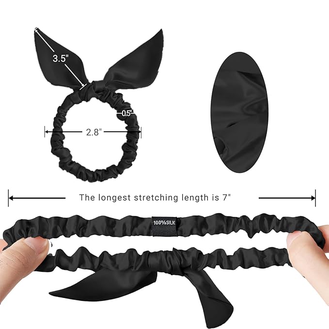 THXSILK Hair Silk Scrunchies with Bow for Women Pure Mulberry Silk Hair Cute Ring Ties Scrunchies for Girls Women's Thick Hair, Black, 2.8"