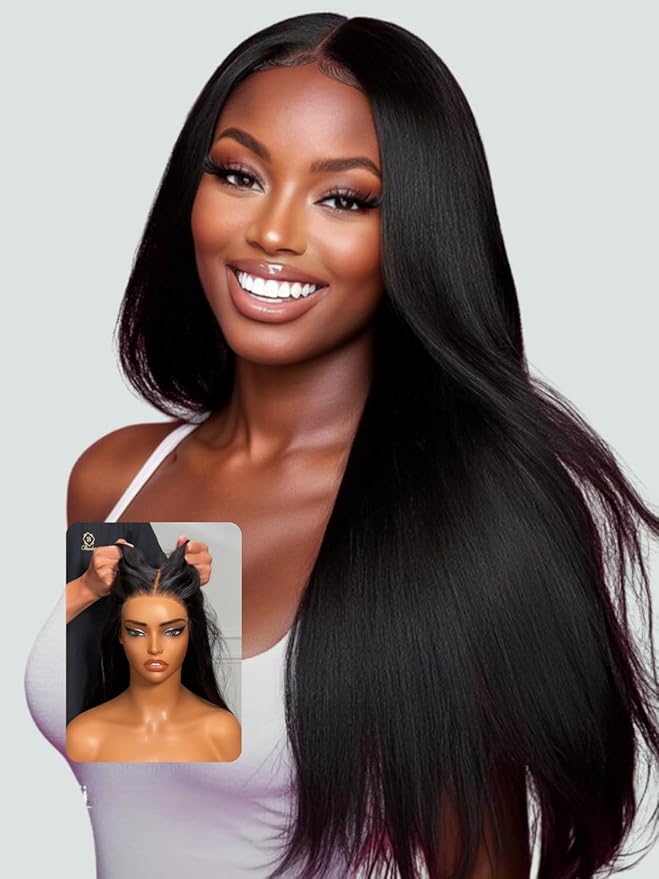 YIROO No Slip 7x5 Bye Bye Knots Yaki Straight Lace Front Glueless Drawstring Wig Human Hair with Deep Stretch Cap Fits All Head Sizes,Pre-Plucked Pre-Cut Wear and Go Wig for Women 150% Density 26Inch