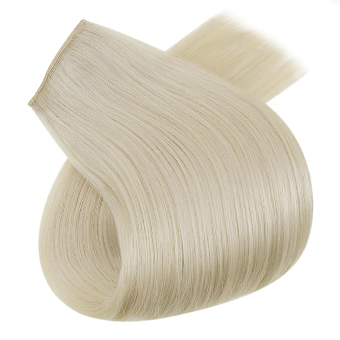 RUNATURE Wire Hair Extensions Real Human Hair, Invisible Fish Line Hair Extensions, Platinum Blonde Natural Hair with Transparent Wire, Easy to Apply 14 Inch 70g #60