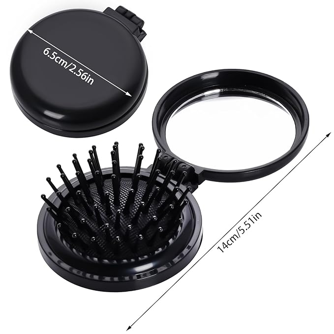 2pcs Folding Travel Mirror Hair Brushes Round Mirror Pocket Hair Brush Portable Mini Pop Up Hair Brushes for Women Girls Wet and Dry Hair