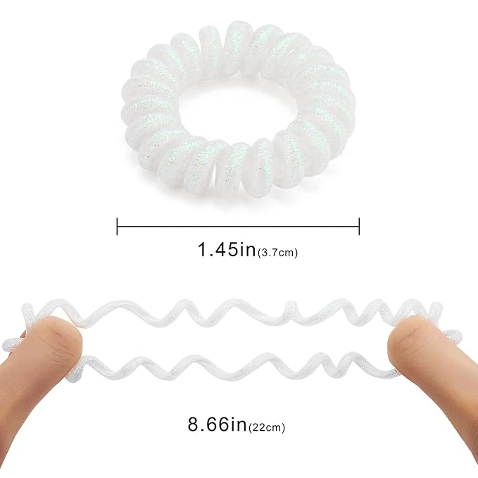 Spiral Hair Ties (Glitter White, 12 Pcs) - Coil Ponytail Holders for Thick Hair, No Crease Phone Cord Hair Ties for All Hair Types with Plastic Spiral for Women