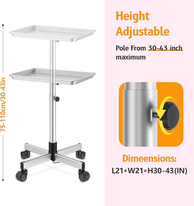 Salon Tray on Wheels - Premium Aluminum Tattoo Tray Rolling Trolley - Adjustable Salon Service Rolling Tray Hairdresser Cart with Clinic Spa Rolling Tray Wheels (Pure Silver)