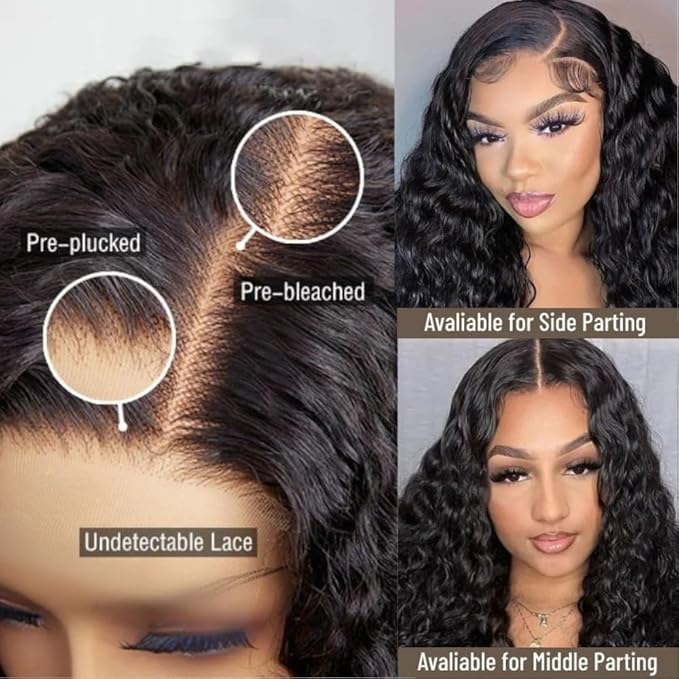 KLAIYI Pre Everything 13x4 Glueless Lace Front Wig Human Hair Water Wave Bye Bye Knots Put On and Go Wig Pre Cut Lace Pre Bleached Pre Plucked 30S Easy To Wear Beginner Curly Wig with Baby Hair 24Inch