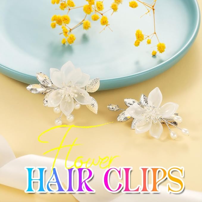 Heread Flower Bride Wedding Hair Clips Silver Leaf Bridal Hair Barrette Pearl Hair Accessories for Women and Girls (Pack of 2)