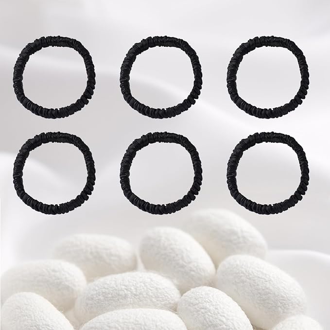 Byitre 6PCS 100% Pure Mulberry Silk Hair Tie,Natural Silk Hair Scrunchie Worn on Trip, Party, Daily Life and Other Occasions, Suitable for Giving Yourself, Family and Friends Hair Accessorie(Black)