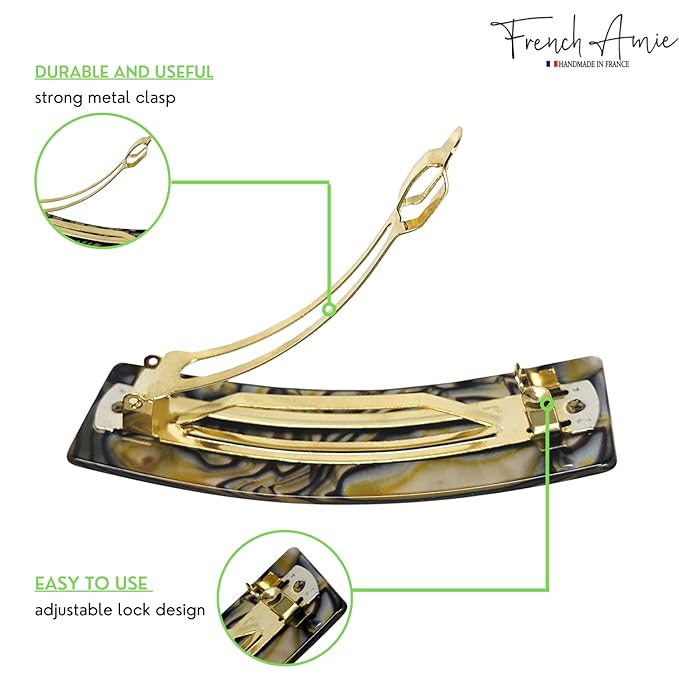 French Amie Fine 1" Wide Rectangular Celluloid Handmade Onyx Automatic Hair Barrettes for Women French Hair Clips
