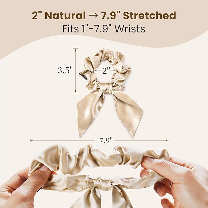 THXSILK 100% Mulberry Silk Bow Scrunchies 3-Pack, 22 Momme Mulberry Silk Hair Ties for Women, Cute Bunny Ear No Damage Ponytail Holders, Fashion Hair Accessories for Girls(M, Beige)