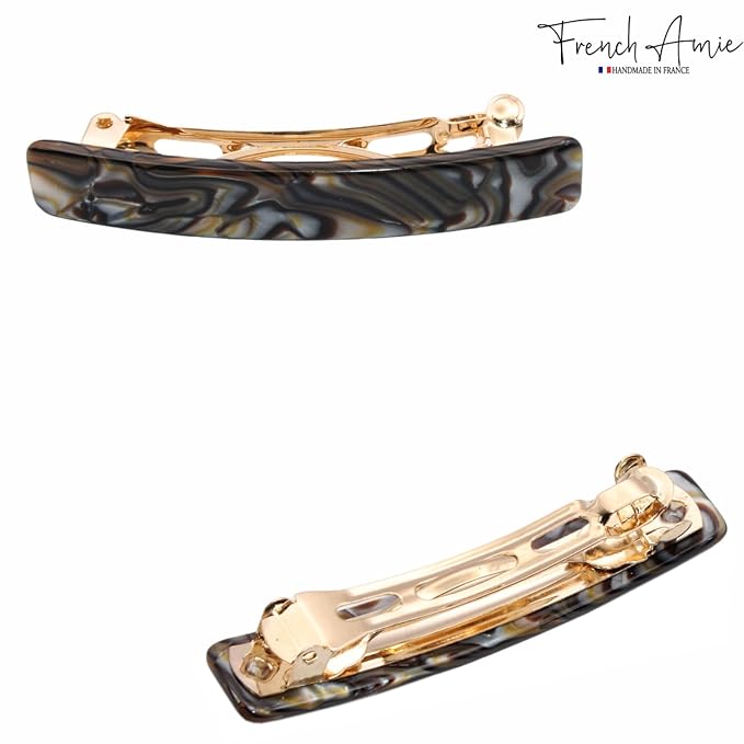 French Amie Small 2 1/4 inch Celluloid Handmade Hair Barrette No Slip Grip Durable Styling Women Hair Accessories Hair Clip for Girls, Made in France(Onyx Silver Grey)