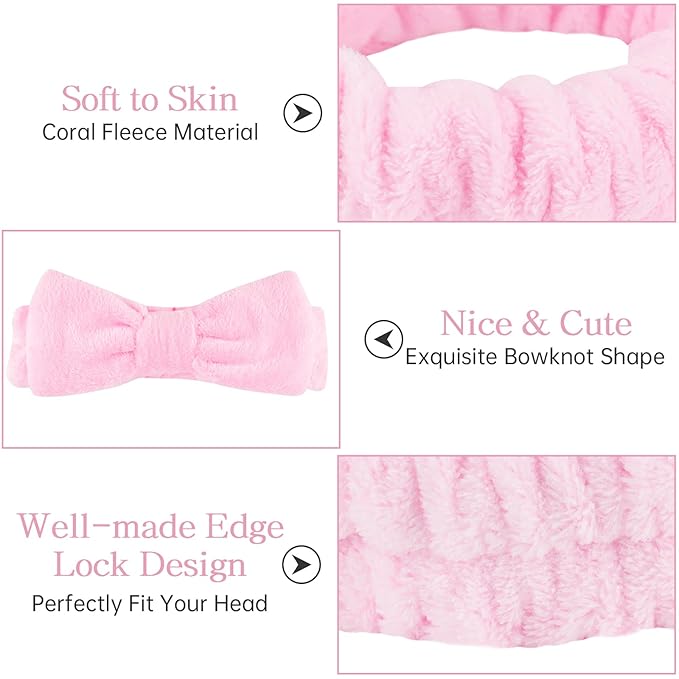 6 Pcs Fluffy Spa Headbands with Bow Style, Soft Coral Fleece for Face Washing, Makeup, Shower, and Yoga