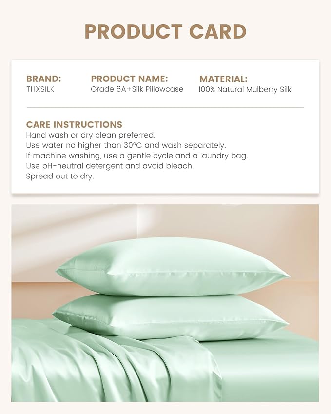 THXSILK 100% Mulberry Silk Pillowcase for Hair and Skin, Grade 6A+ Mulberry Silk Pillow Case Soft and Breathable, Hypoallergenic Pillow Case Cover with Zipper, 1pc (Queen 20"x30", Turquoise Green)