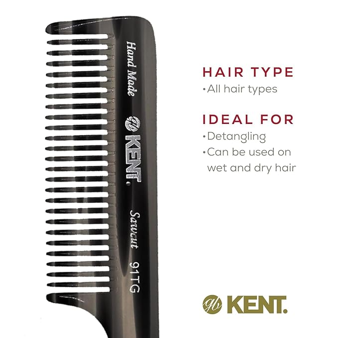 Kent 91T Black Graphite Wide Tooth Detangler Hair Comb for Curly and Wavy Hair - for Women and Men, Large Handle Shower Comb for Effective Detangling for Wet Hair, Handmade Polished