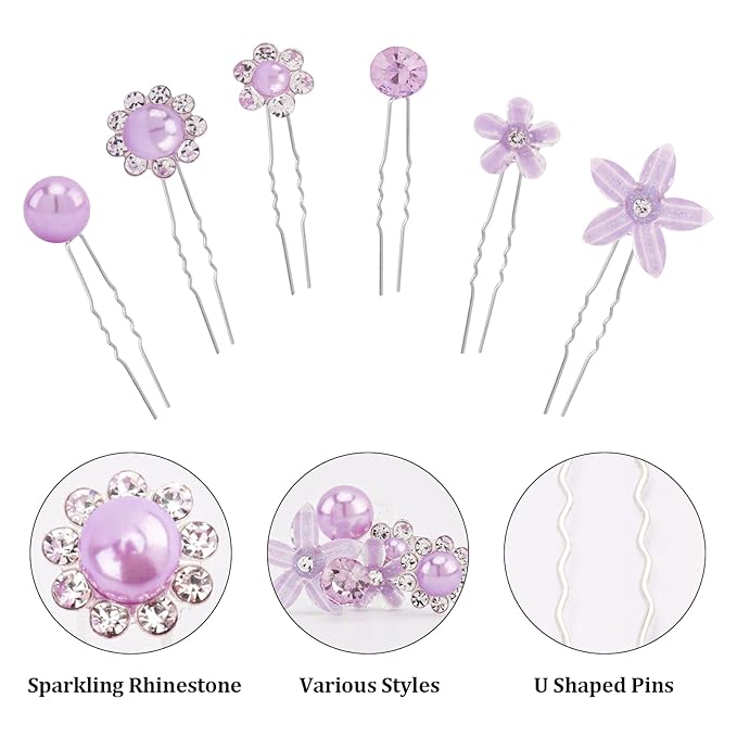 CUBACO 42PCS Mini Hair Pins for Girls, Cute Purple Wedding Hair Accessories for Women Flower Clips Rapunzel Costume for Women Bridal Pins Decorative for Brides Bridesmaids, Gift for Girls