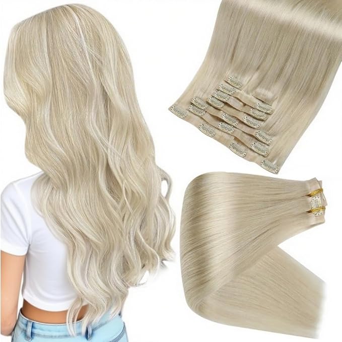 Full Shine Seamless Hair Extensions Real Human Hair Clip ins Platinum Blonde Silky Straight Clip in Hair Extensions Invisible Real Hair 14 Inch 8 PCS 120 Grams