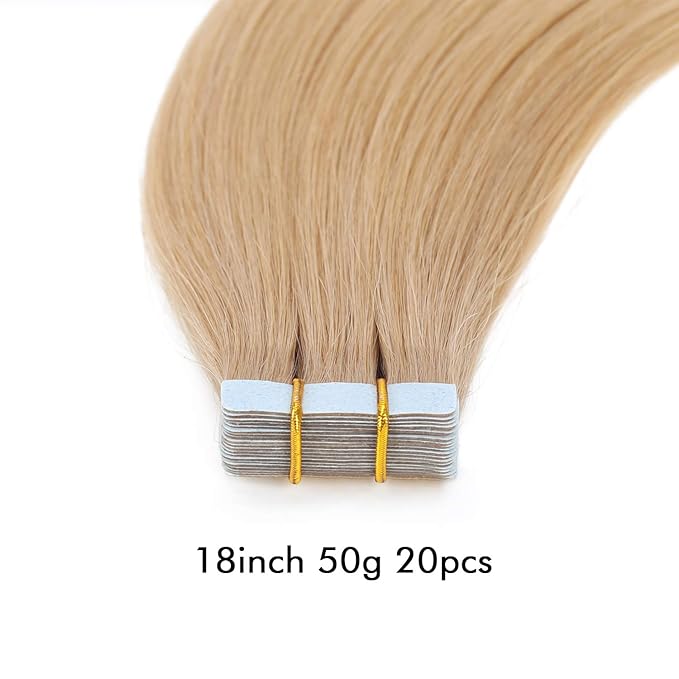 SUYYA Tape in Hair Extensions Human Hair Ash blonde 100% Remy Hair 18 inches 20pcs 50g/pack Straight Seamless Skin Weft Tape in Human Hair(18Inch #16 Light Blonde)