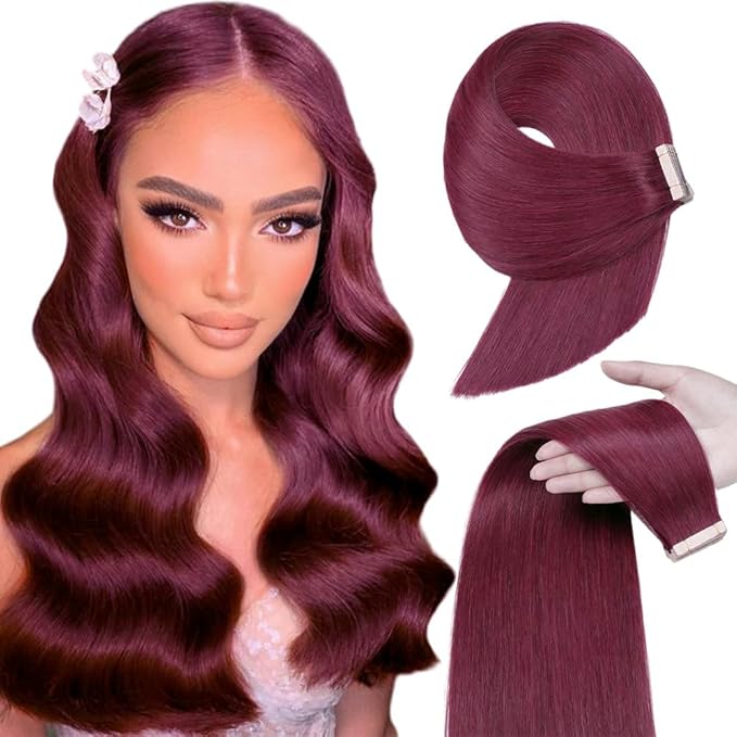 Tape in Hair Extensions Real Human Hair 24 Inch Burgundy Double Sided Tape for Skin Weft Hair Extension Invisible Tape in Hair Extensions Straight Remy Human Hair for Women 20pcs (99J#,24 Inch)