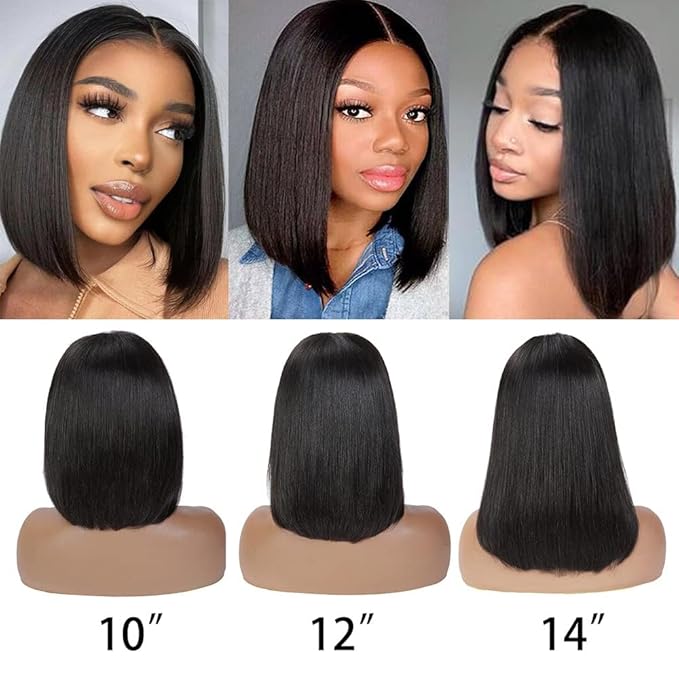 Wear and Go Glueless Bob Wig, 14 Inch, 180% Density, Human Hair, Natural Black, No Shedding, No Tangle, Adjustable Elastic Cap
