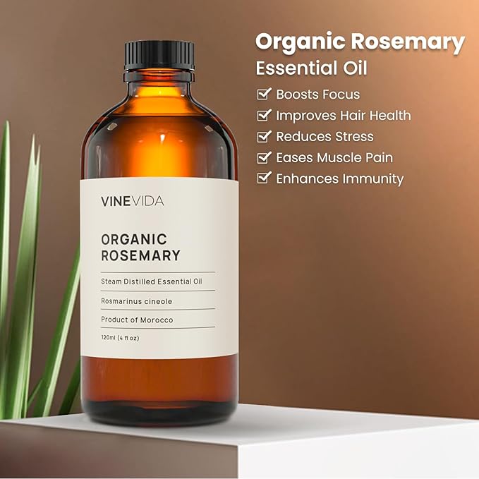 VINEVIDA Organic Rosemary Essential Oil 4 oz - Undiluted Candle Oil Scent for DIY Candlemaking - Bulk Essential Oil for Soap Making