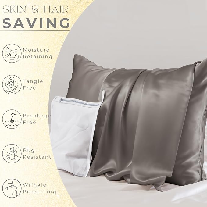PROMEED 100% Silk Pillowcase 2 Pack, Zipper Closure, 23 Momme 3rd Gen Grade 6A+ Mulberry Silk Pillow Case Set of 2, Real Silk Pillow Cases for Hair and Skin (King 20"x36", Grey)