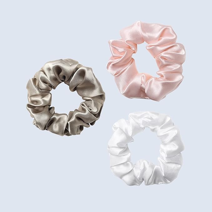 ZIMASILK 100% Mulberry Silk Hair Scrunchies – 19 Momme Elastic Silk Hair Ties for Women & Girls, Gentle No-Tug (3 Pack, Taupe, Pink, White)