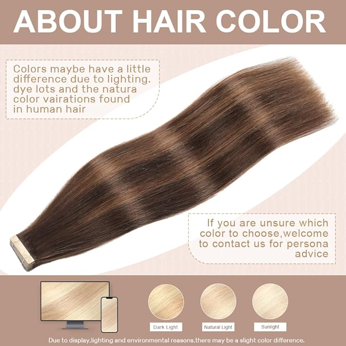 Tape in Hair Extensions Human Hair Dark Brown to Mixed Chestnut Brown Hair Extensions 18 Inch 20pcs Remy Straight Human Hair Tape in Extensions Skin Weft Tape Extensions Human Hair