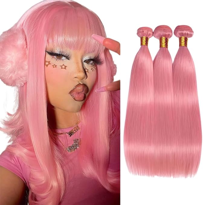 Pink Human Hair Bundles Pink Straight Bundles 12 14 16 Inch Niegmeag Peruvian Virgin Soft and Skily Remy Hair Extensions Light Pink Color 300g