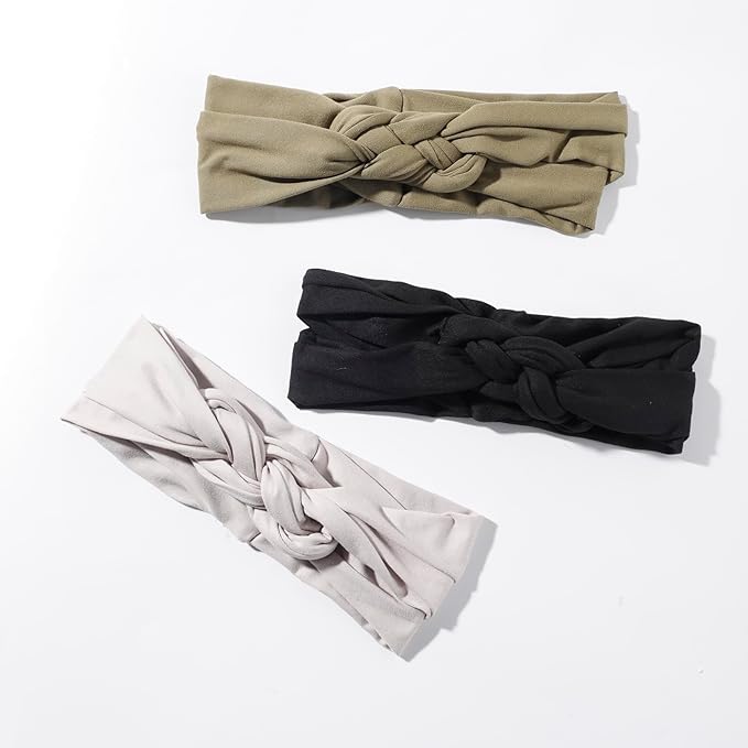 Vercret Headbands for Women Sailor Knot Headband Black Double Wide Elastic Adjustable Braided Hair Bands Non Slip for Girls Boho Stretchy Turban Headwrap Yoga Workout,Solid Color, 3Pcs